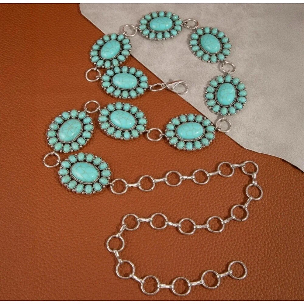 Western Turquoise Boho Concho Chain Belt Hippie Festival Cowgirl Rodeo Fall